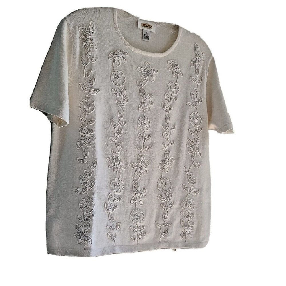 Vintage Talbots Ivory 100% Cotton Floral Applique Knit Sweater Small